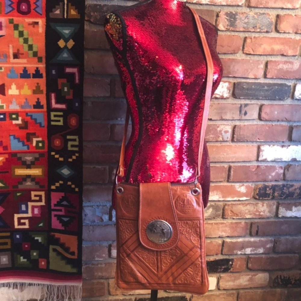 Moroccan Leather Shoulder Crossbody Bag Tooled. Embossed Silver Medallion Purse